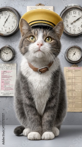 dressed-up cats in vintage professions Cat in a Vintage Captain Hat with Clocks and Timetables Background retro-inspired cat character illustrations historical feline stock concepts