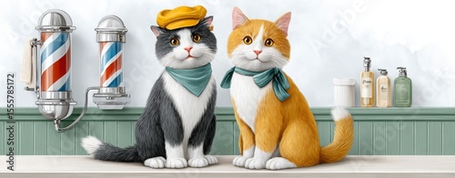 dressed-up cats in vintage professions Charming Cartoon Cats at a Vintage Barbershop with Grooming Products retro-inspired cat character illustrations historical feline stock concepts