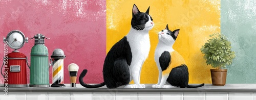 dressed-up cats in vintage professions Whimsical Cats in Colorful Kitchen Setting with Vintage Decor retro-inspired cat character illustrations historical feline stock concepts