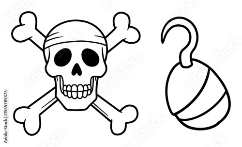 pirate skull and hook outline vector icon for halloween or adventure
