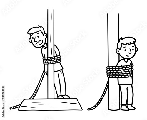 men tied to posts outline vector for comic or cartoon scene