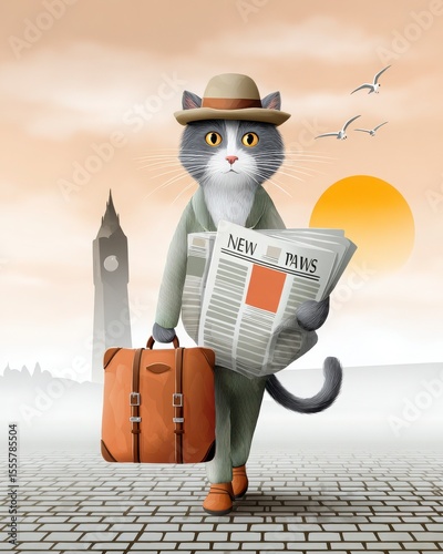 dressed-up cats in vintage professions Stylish Cat Traveler with Briefcase and Newspaper at Sunset retro-inspired cat character illustrations historical feline stock concepts
