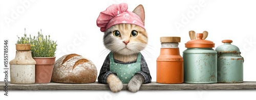 dressed-up cats in vintage professions Cute Cat in Chef Hat Preparing Delicious Food in Cozy Kitchen Setting retro-inspired cat character illustrations historical feline stock concepts