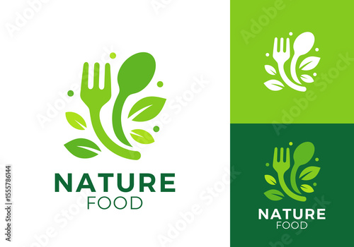 spoon fork and leaf tree logo. health nature food vector design concept	
