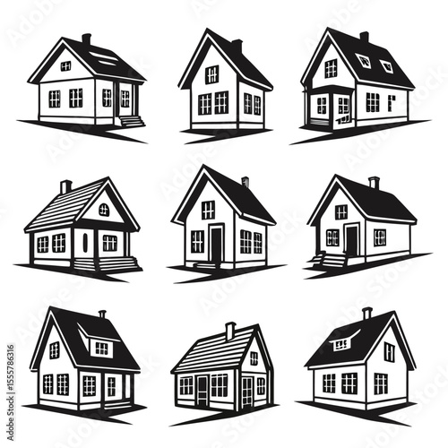 Collection of Nine Different House Designs in Black and White Style