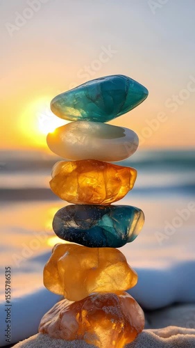 Colorful Stack Of Polished Gemstones Balanced On Sandy Beach At Beautiful Sunset With Soft Ocean Waves In Peaceful Zen Landscape

