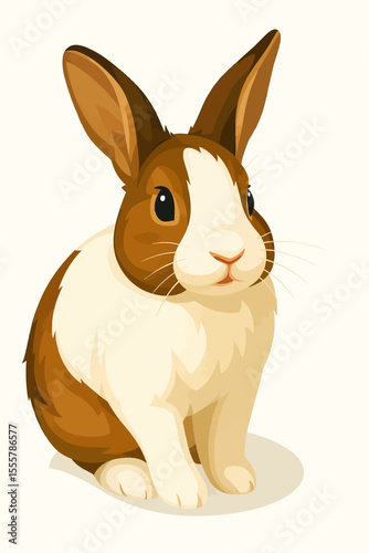 This is a vector-style illustration of a cute brown and white rabbit. The bunny has large upright ears, soft fur, and a gentle expression, sitting calmly on a light background. The clean lineless desi