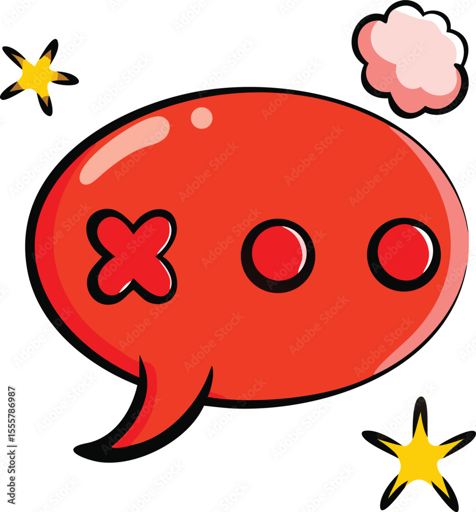 Naklejka premium Cartoon Red Speech Bubble with X Eyes and Cloud Decoration