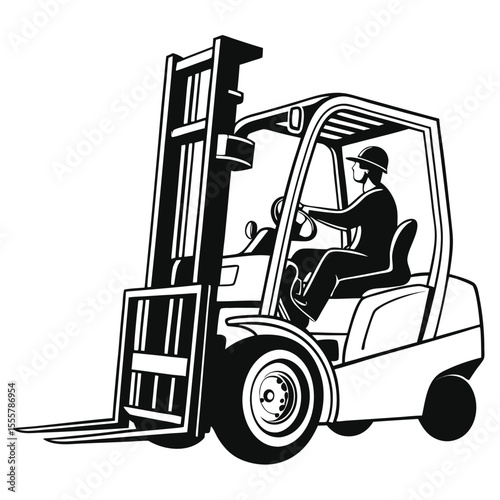 Forklift Truck with Driver Silhouette in Black and White Illustration