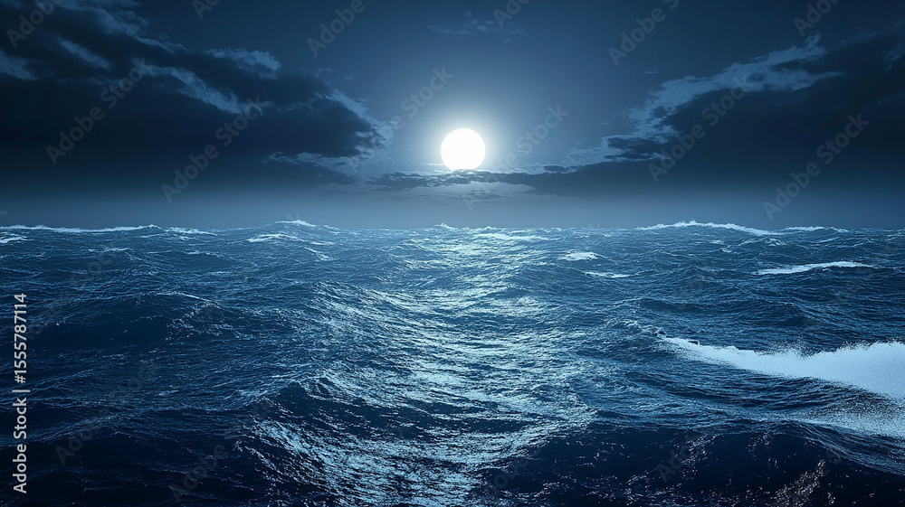 Fototapeta premium Choppy, dark blue ocean under a stormy sky. Rough seas with dramatic, heavy clouds.