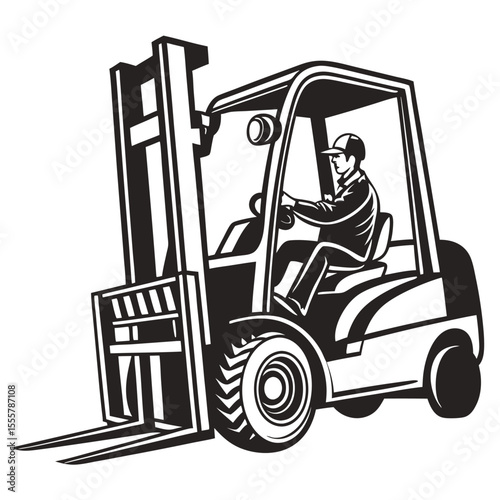 Monochrome Illustration of a Forklift and Driver in a Bold Style