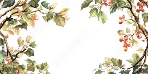 Nature's Embrace: A Delicate Watercolor of a Tree Branch with Fresh Berries and Vibrant Leaves, Framing a Softly Lit Scene, Capturing the Essence of a Naturalistic Aesthetic.