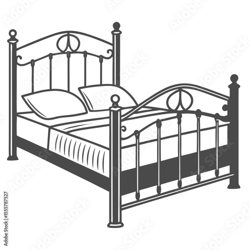 Elegant Iron Bed Frame Illustration with Pillows and Mattress Design
