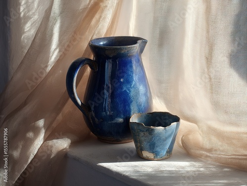 Still Life with Blue Pitcher and Broken Cup