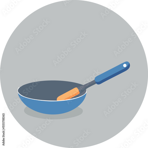 Blue and Gray Flat Style Wok Pan with Orange Handle