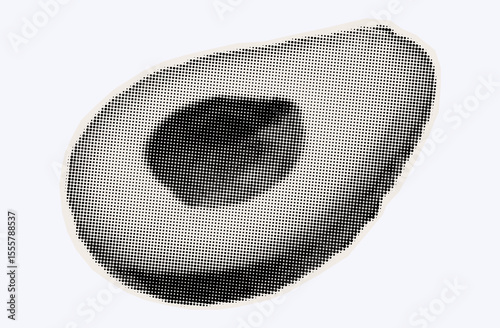 Raw avocado, ripe exotic fruit in halftone modern art style. Cutout from magazine for collage design with grunge texture. Peruvian pear, raw avocado, healthy ingredient. Vector, black and white.