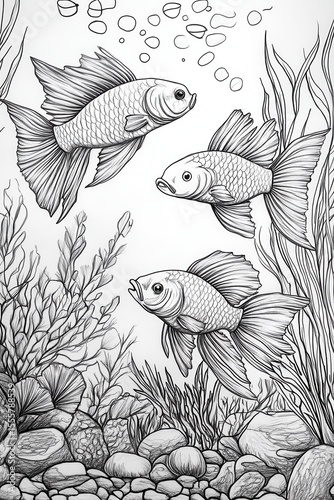 Goldfish Serenity: A trio of goldfish gracefully swim among aquatic plants and smooth stones in a serene hand-drawn illustration, rendered in black and white.