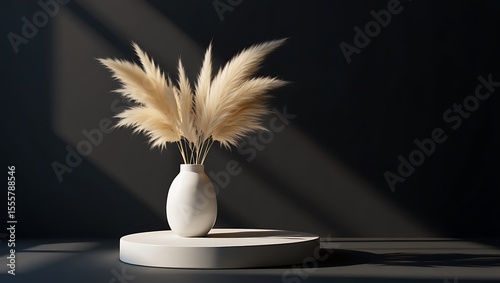 Pampas grass in a white vase sits on a round platform