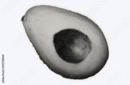Raw avocado, ripe exotic fruit in halftone modern art style. Cutout from magazine for collage design with grunge texture. Peruvian pear, raw avocado, healthy ingredient. Vector, black and white.