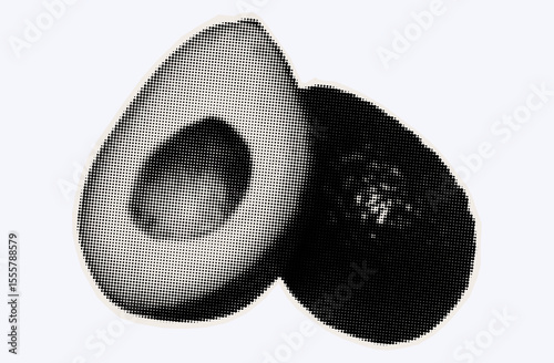 Raw avocado, ripe exotic fruit in halftone modern art style. Cutout from magazine for collage design with grunge texture. Peruvian pear, raw avocado, healthy ingredient. Vector, black and white.