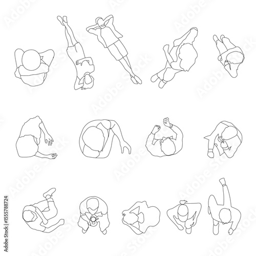 Extensive set of clean line top view silhouettes of people in various poses, perfect for enriching interior design plans, architectural drawings, and wayfinding graphics.
