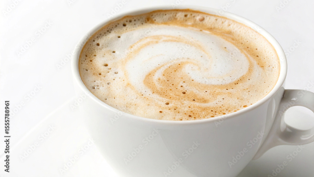 Obraz premium Photo of a closeup view of a cappuccino in a white cup, the foam art swirling delicately atop the rich brown coffee