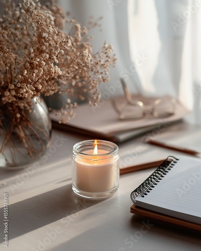 Calm Workspace with Candle and Notes