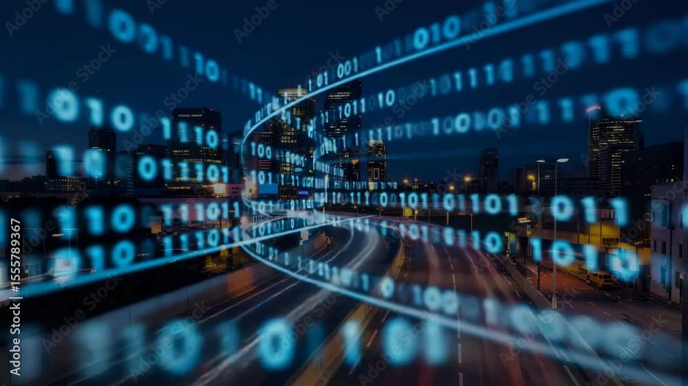 Digital data streams across city lights and traffic trails at night