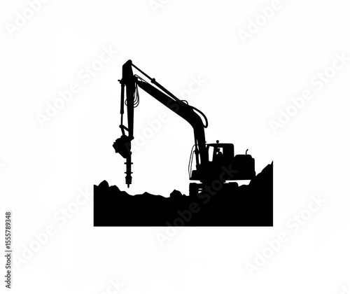 Silhouette of a hydraulic drill operating in a rocky environment on white background