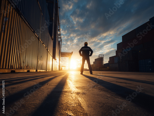 Logistics supervisor standing with hands on hips, looking over active shipping yard at dusk