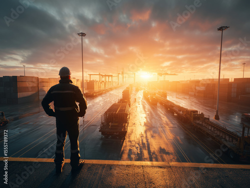 Logistics supervisor standing with hands on hips, looking over active shipping yard at dusk