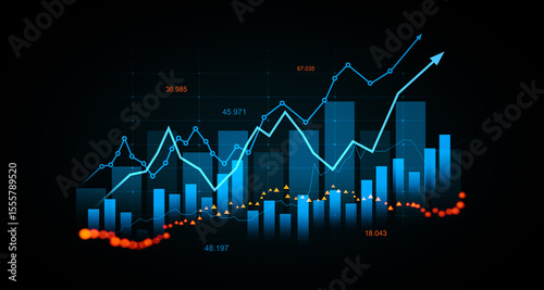 Fotografi Financial market data analysis with glowing 3D bar and line charts on dark background showing economic trends and growth concept visualization