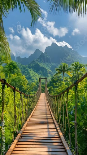 Tropical Wooden Suspension Bridge Leading Into Lush Green Jungle With Majestic Mountain Peaks Under Bright Blue Sky Adventure


