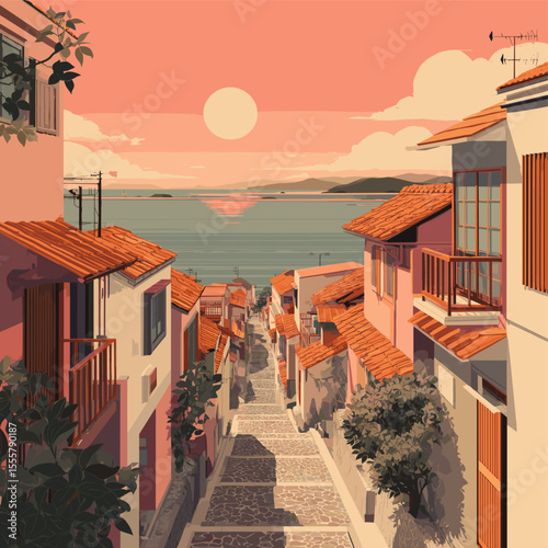 Sunset over Mediterranean village with sea view and cobblestone street – coastal travel destination illustration