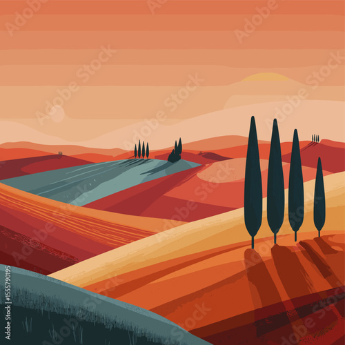 Sunset over rolling hills with cypress trees – stylized Mediterranean countryside landscape illustration