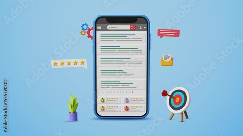 SEO ranking optimization, featured snippets, website SEO, web ranking, site rating, keyword target marketing. Optimized search engine results  page on a smartphone. 4K 3D animation