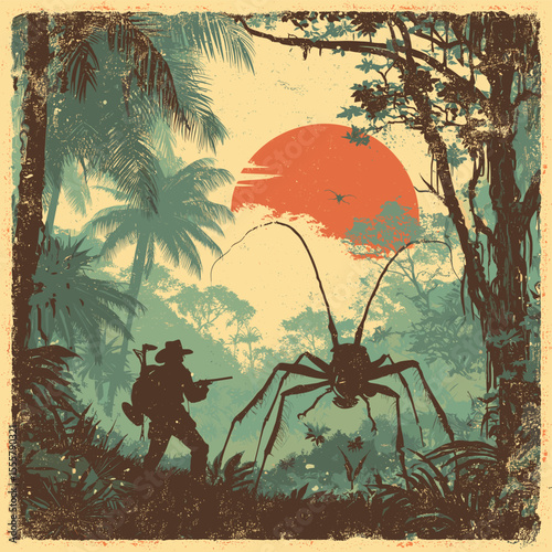 Retro jungle adventure with giant spider and explorer at sunset – vintage sci-fi pulp illustration