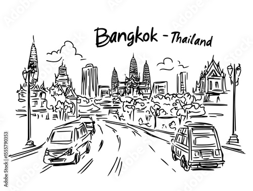 bangkok street view with traffic vector sketch