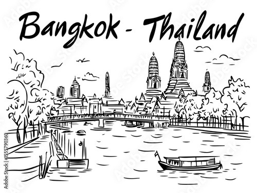 bangkok river view with temples hand drawn sketch