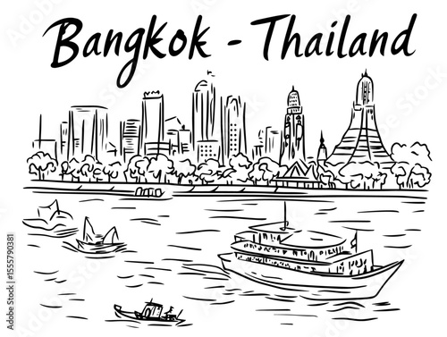 bangkok skyline with boats vector illustration