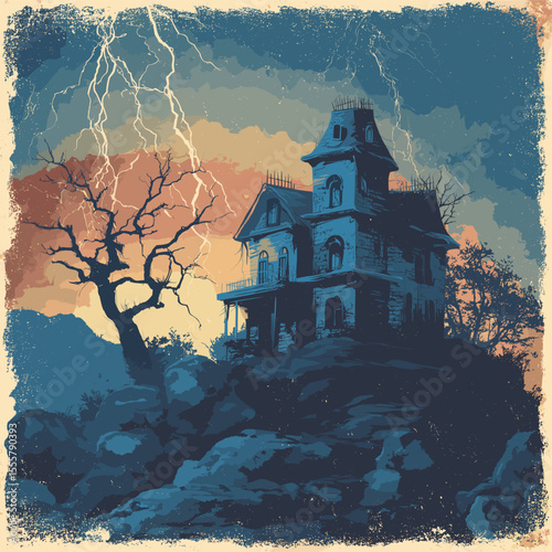 Haunted house on a hill during lightning storm – vintage horror illustration with spooky gothic atmosphere