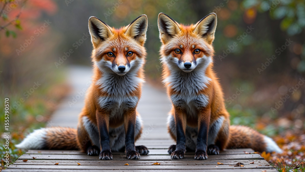 Obraz premium Two red foxes sitting on wooden pathway in autumn forest