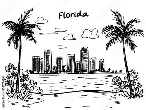 florida skyline with coast and palm trees hand drawn