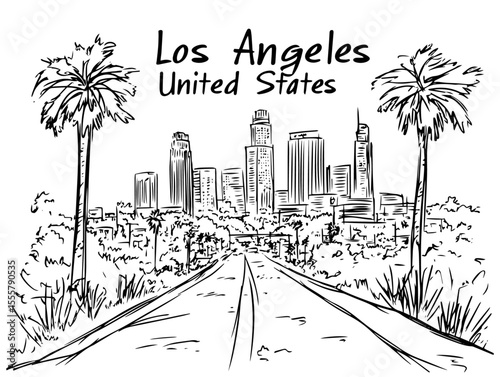 los angeles city skyline with palm trees illustration