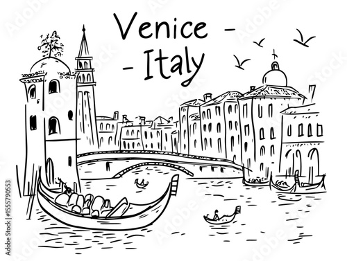 venice canal with gondola hand drawn illustration