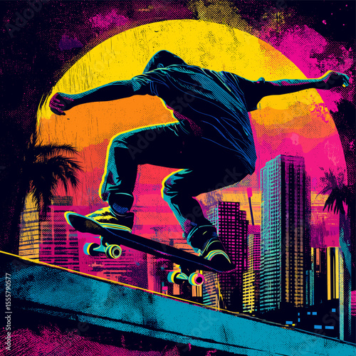 Skateboarder performing trick in neon city at sunset – urban street sport illustration with retro synthwave style