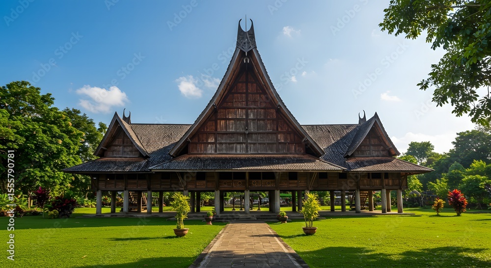 Obraz premium Traditional Building on Lawn Under Blue Sky