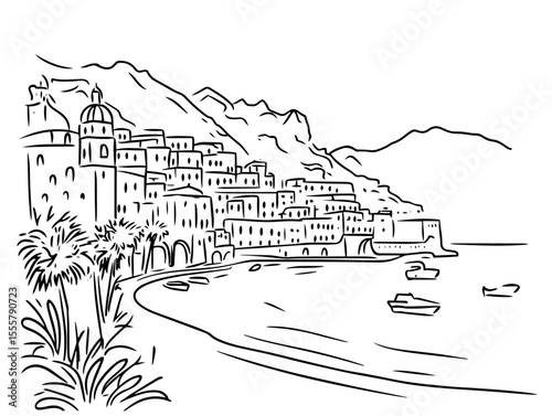 mediterranean coastal town with beach and boats illustration