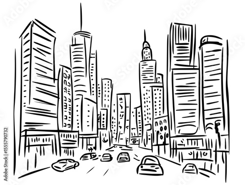 new york skyscrapers and traffic hand drawn illustration