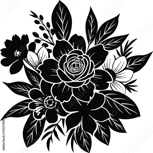 Elegant Black and White Floral Bouquet Illustration Roses, Leaves, and Blossoms